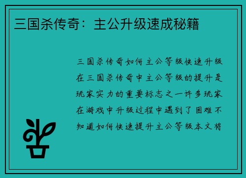 三国杀传奇：主公升级速成秘籍