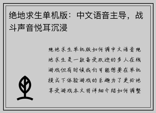 绝地求生单机版：中文语音主导，战斗声音悦耳沉浸